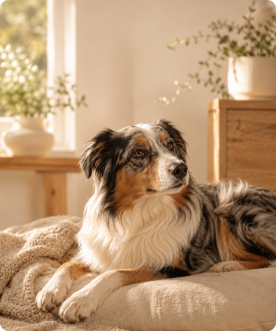 A happy dog resting at home