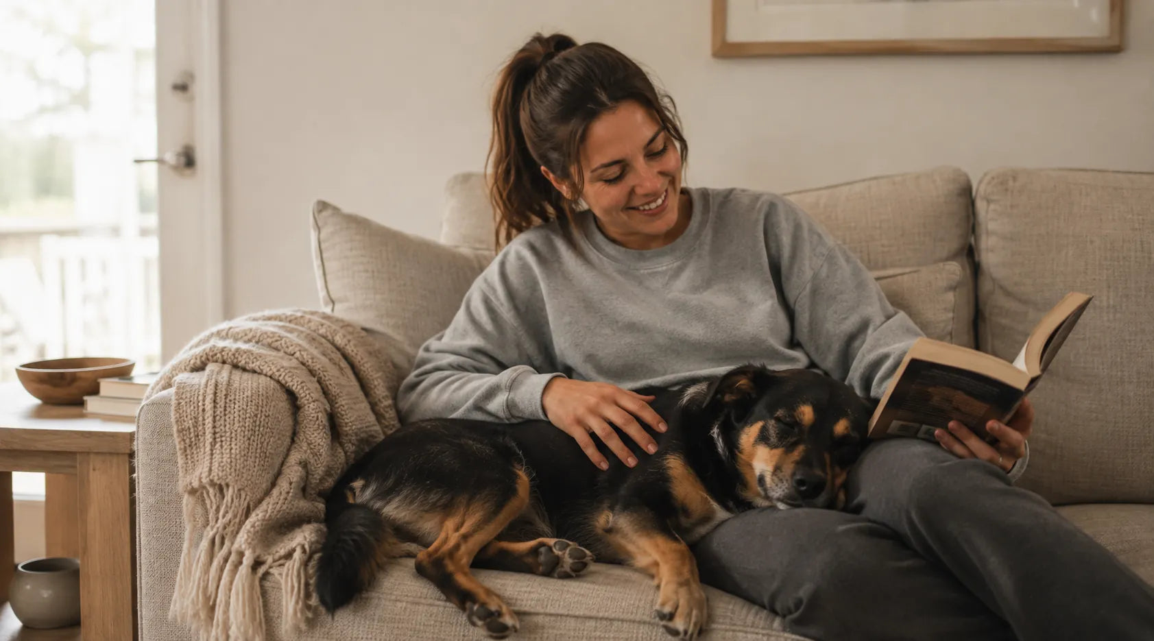 A woman reading on a sofa with her black-and-tan dog asleep against her