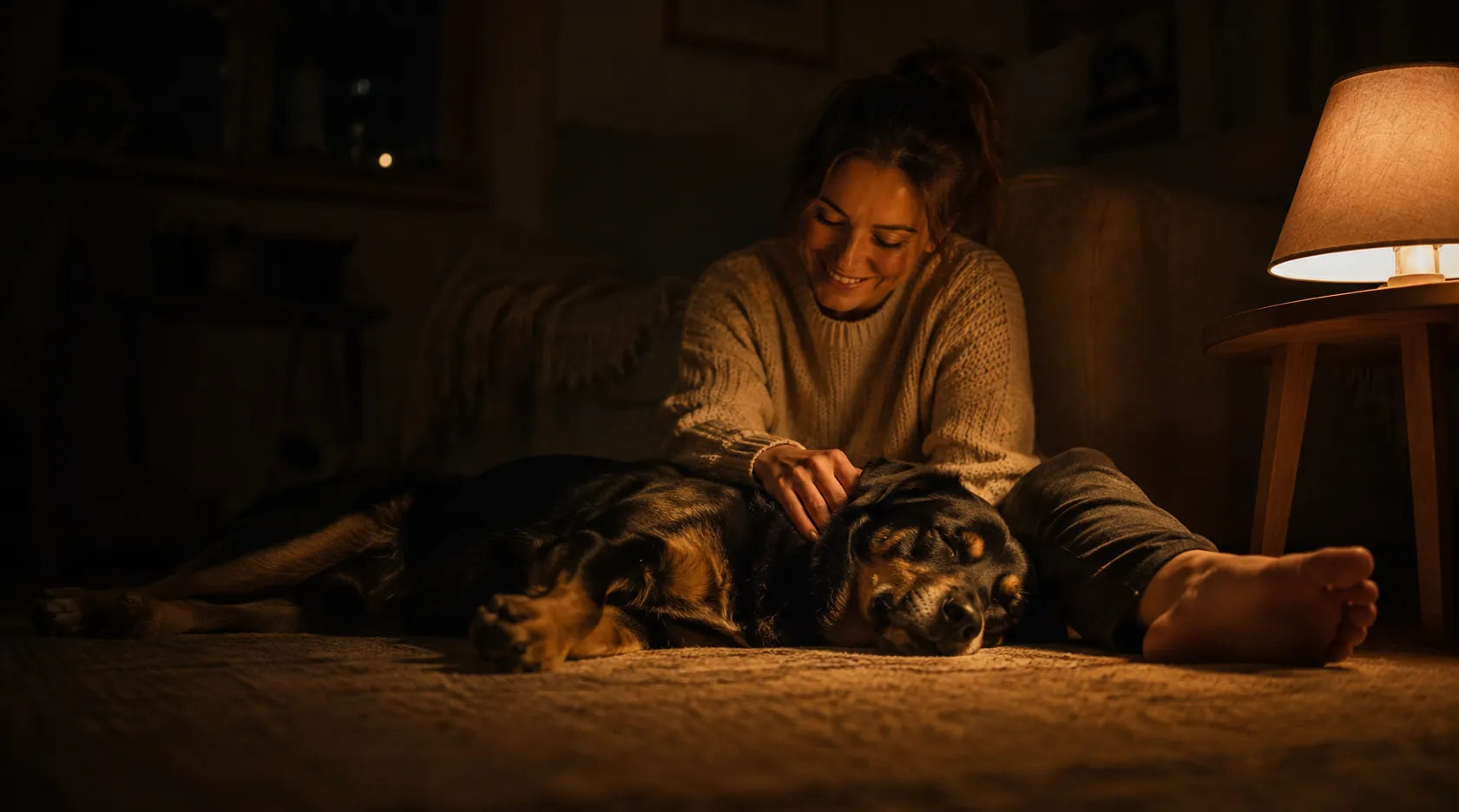 A woman on a rug in lamplight with her black-and-tan dog asleep beside her
