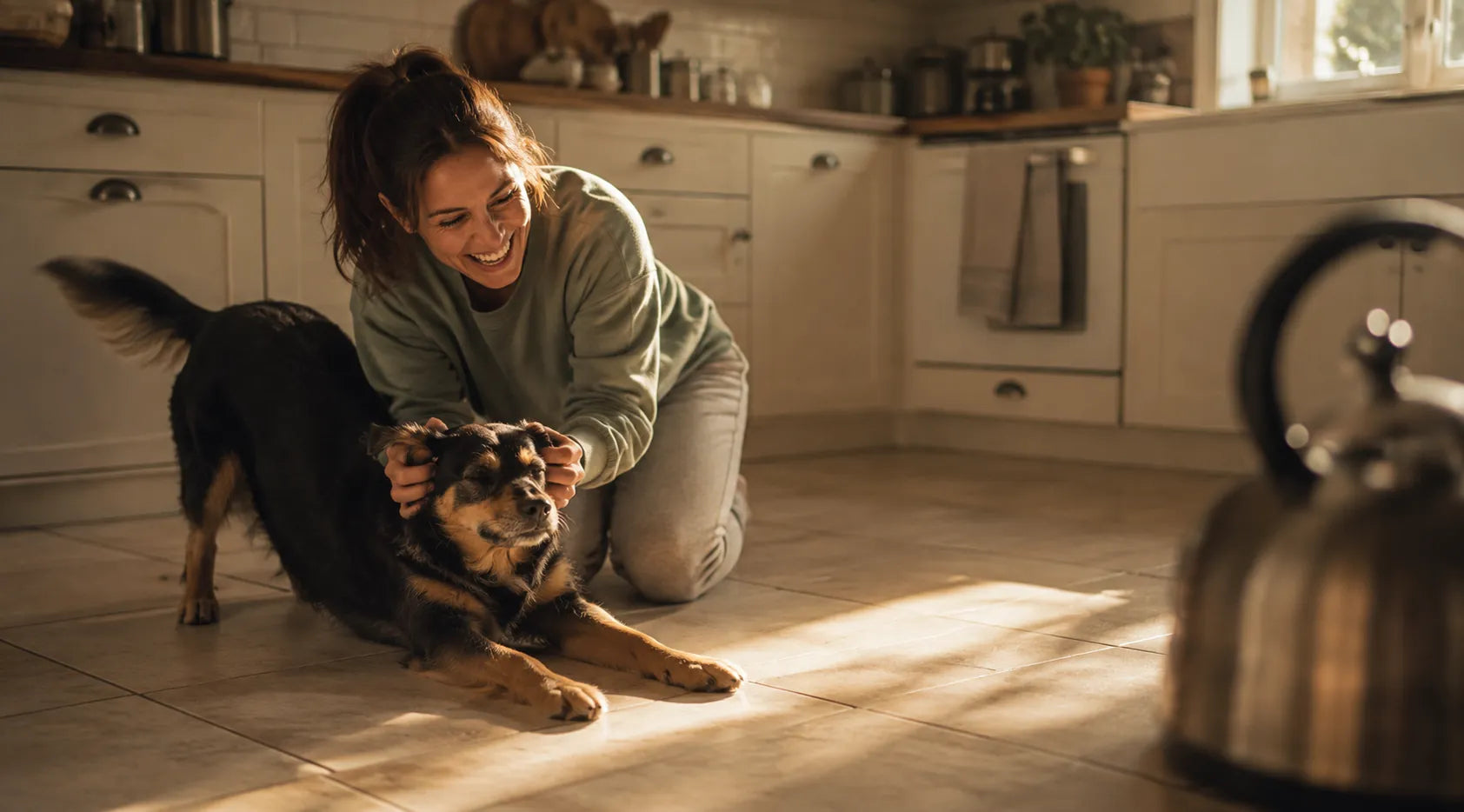 A woman kneeling on a sunlit kitchen floor, both hands cupping her black-and-tan dog's head as it stretches