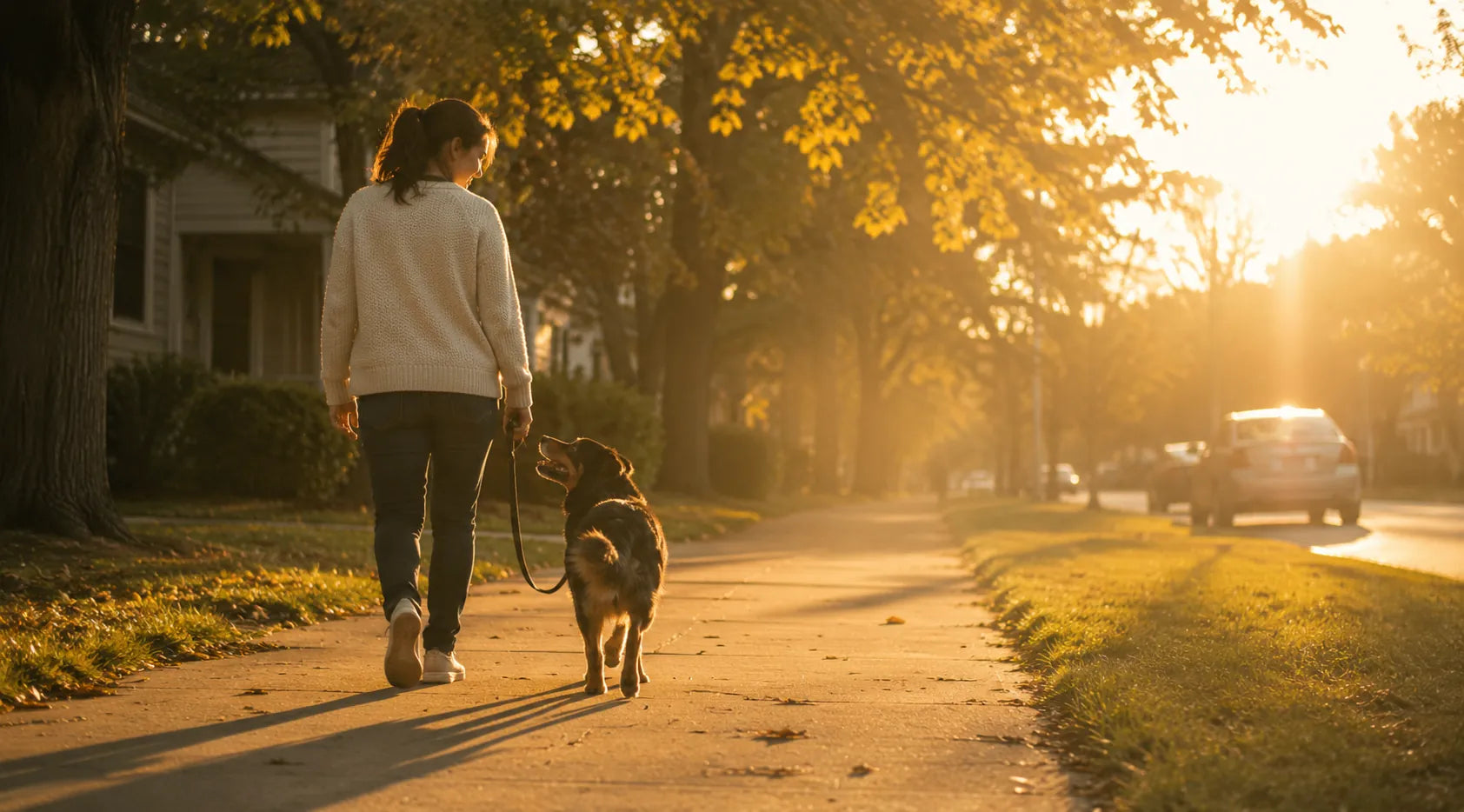 A woman walking her black-and-tan dog on a tree-lined sidewalk at golden hour, leash slack